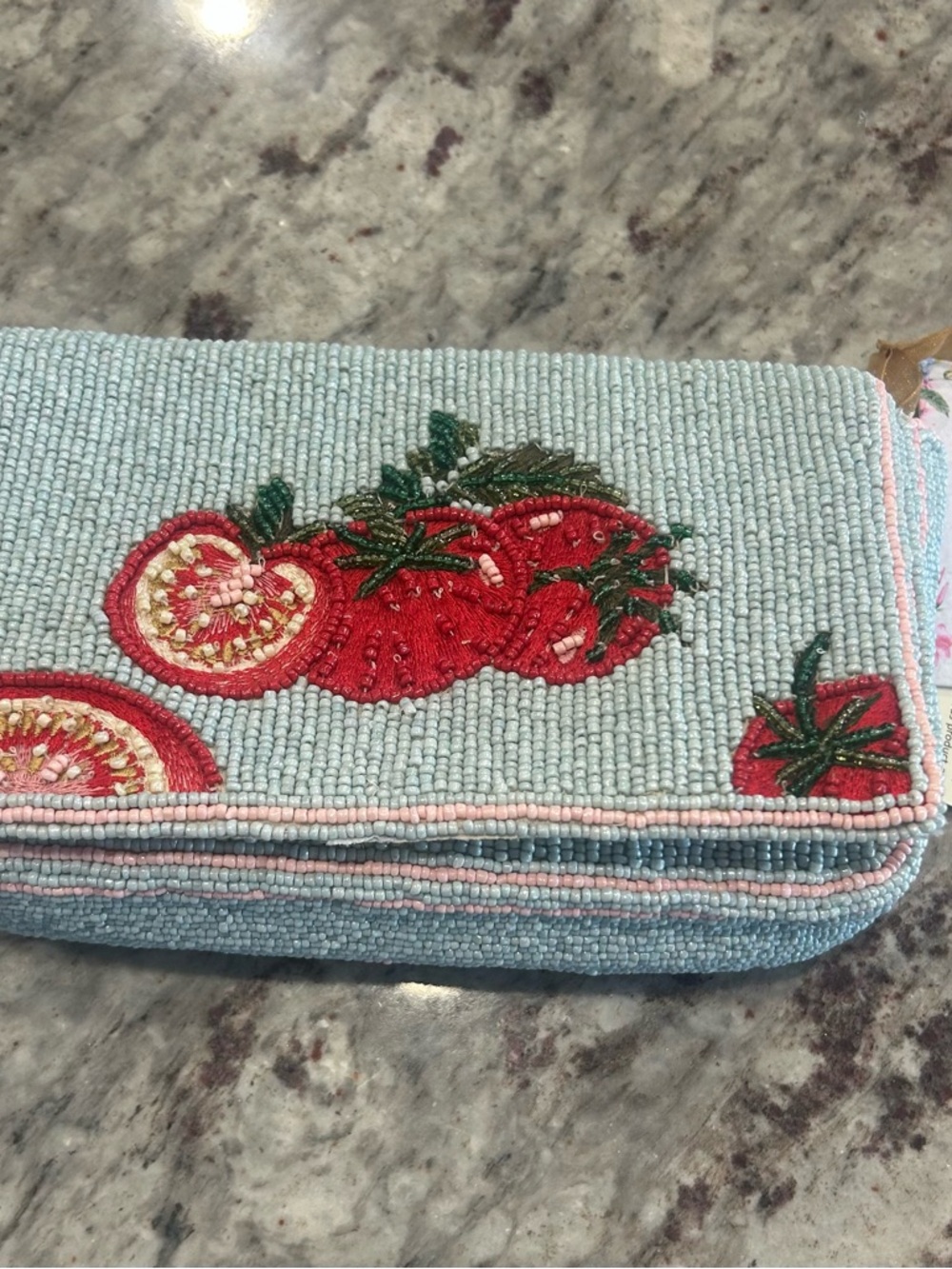 Beaded Bag Light Blue w/Tomatoes and Gold Chain